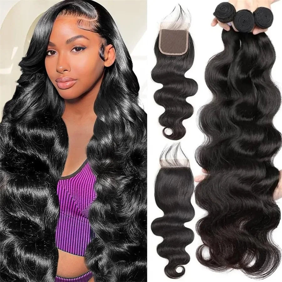 Brazilian body wave bundles with natural lace closure